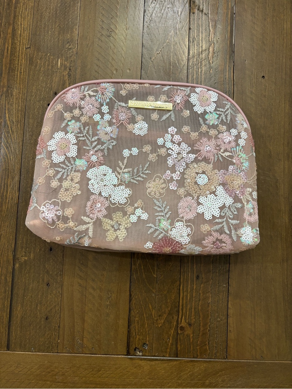 Vince Camuto Blush Pink Floral Sequin Cosmetic Bag